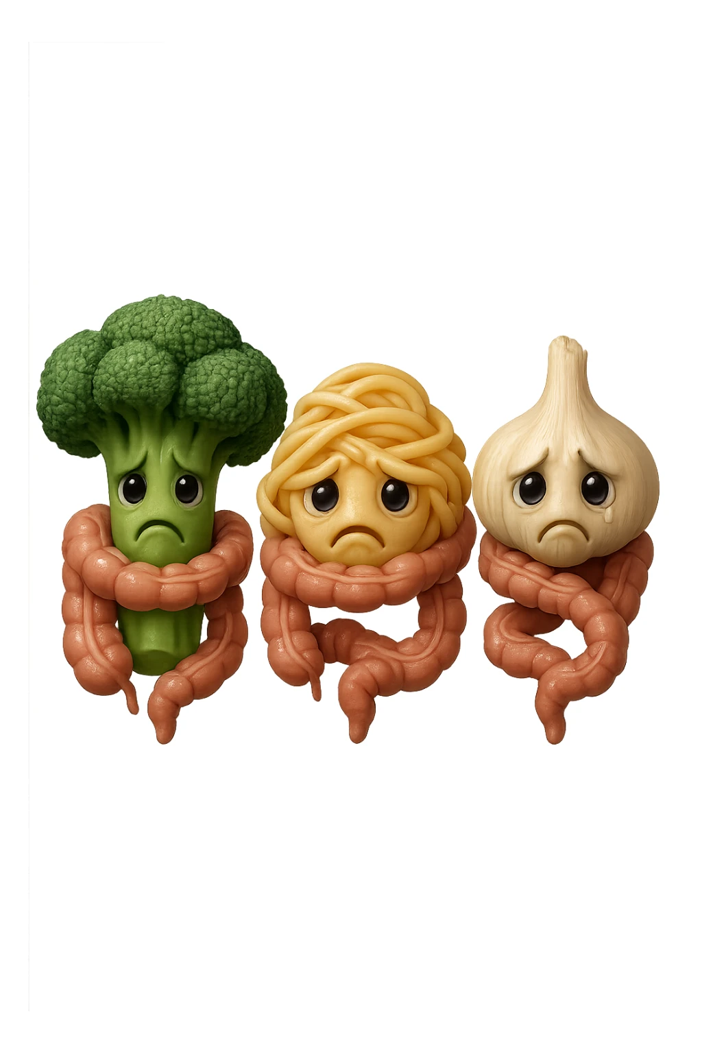 EMOJI STILE IPHONE DI broccolo, pasta, aglio con espressione triste, avvolti da pezzi di colon anatomico umano, IPERREALISTICO 4K sticker