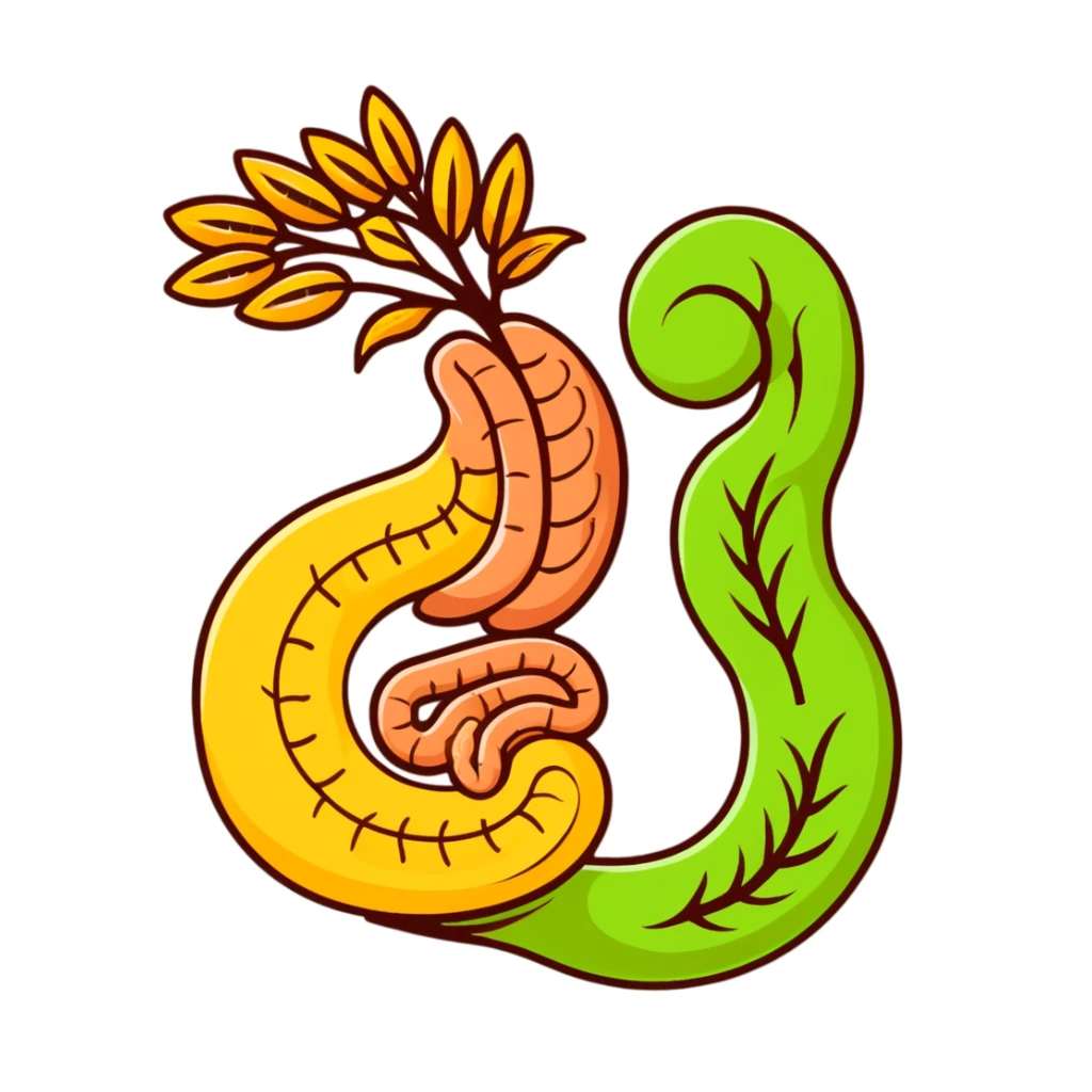 Cute simplified human digestive system diagram with stomach and intestines, surrounded by golden wheat stalks and green leaves. Bright healing particles moving through the digestive tract, showing food digestion and cleansing process sticker