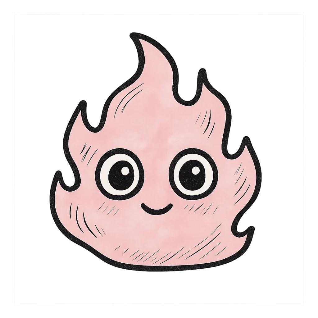 pretty whimsical pink fire with soft wavy outline, big eyes, gentle glowing look, hand-drawn style with stylized shadows and highlights sticker