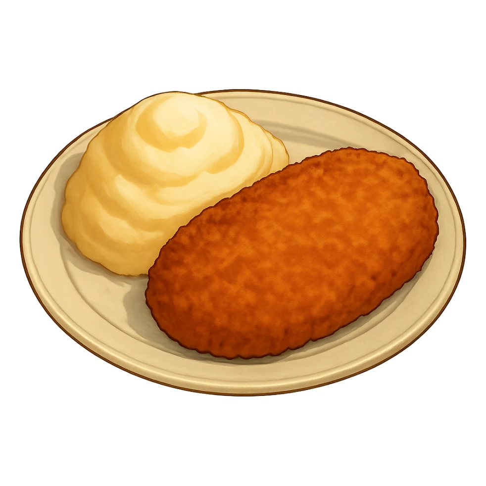 Illustration of a plate with milanesa and mashed potatoes together on the same plate, warm and detailed style, ghibli style, no background, emoji format. sticker