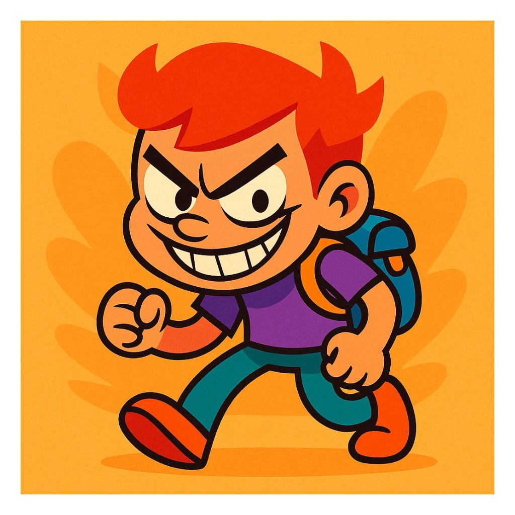 cartoon character with red hair, evil grin, tiny backpack, vibrant toon style sticker