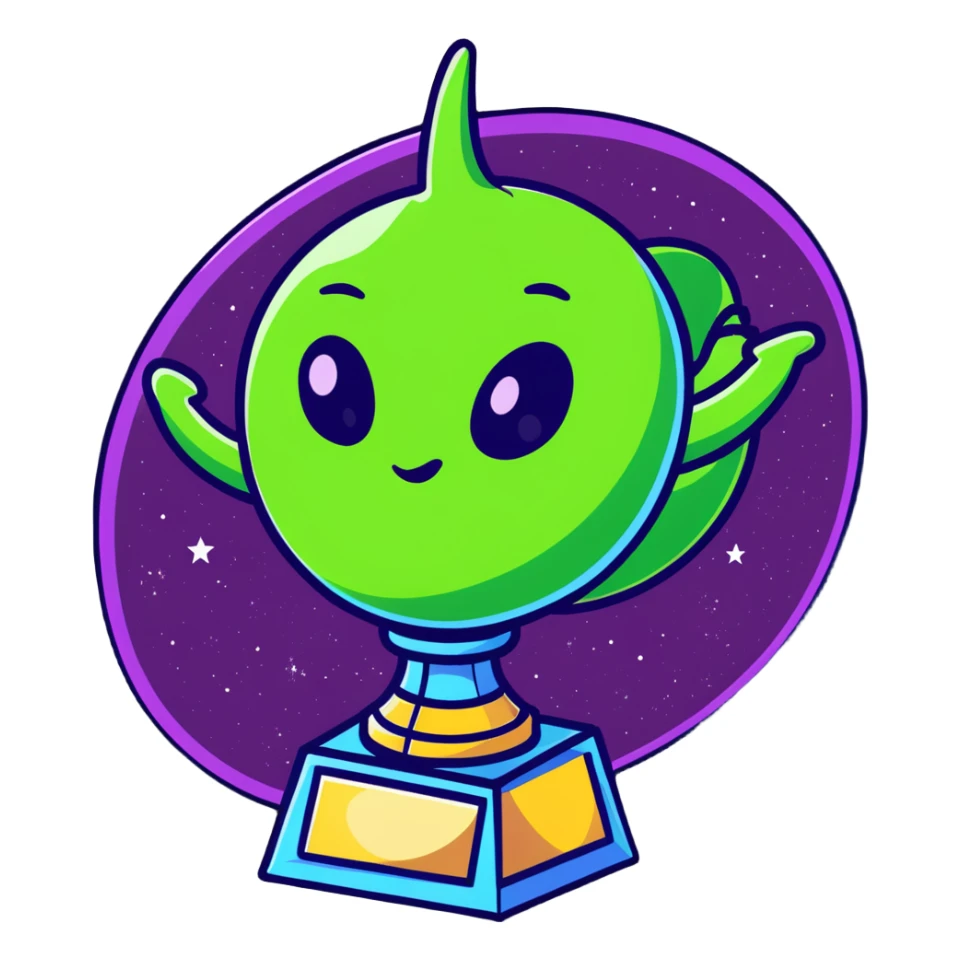 An alien trophy award with swirling cosmic colors, deep space nebula hues, and star patterns sticker