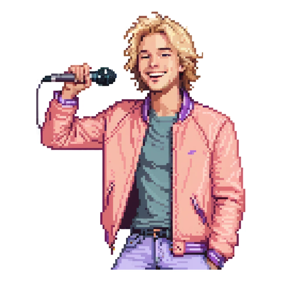 Pixel art style, expressive male performer, Caucasian features, tousled sandy blonde hair, lively eyes, wide cheerful smile, wearing a coral violet jacket over white tee, tossing a microphone in one hand, waist-up, front-facing sticker