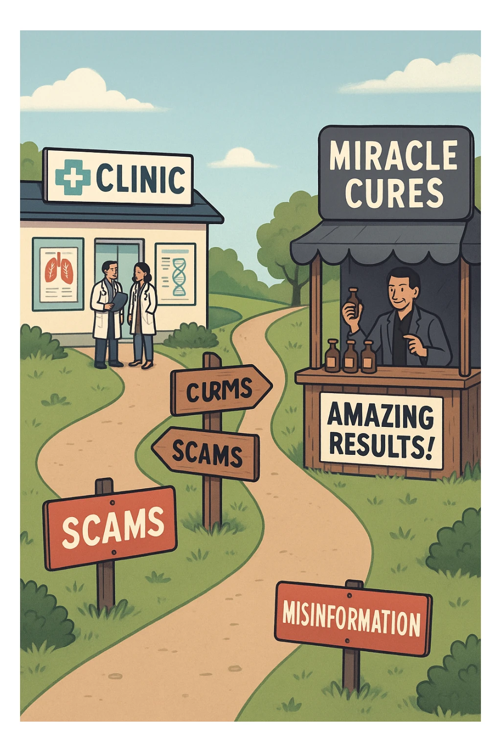 two paths diverge—one leads to a trustworthy clinic with doctors and scientific posters, the other to a shady stand selling “miracle” medicines with exaggerated claims. Signs along the second path warn of scams and misinformation. The scene encourages viewers to choose reliable, science-based healthcare. in italiano sticker