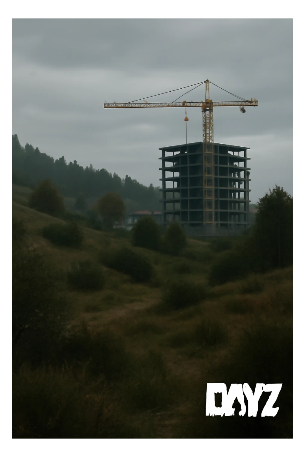  a scene amongst hills and bushes in the game DAYZ with a construction site and tall yellow crane in the background, screenshot, overcast day sticker