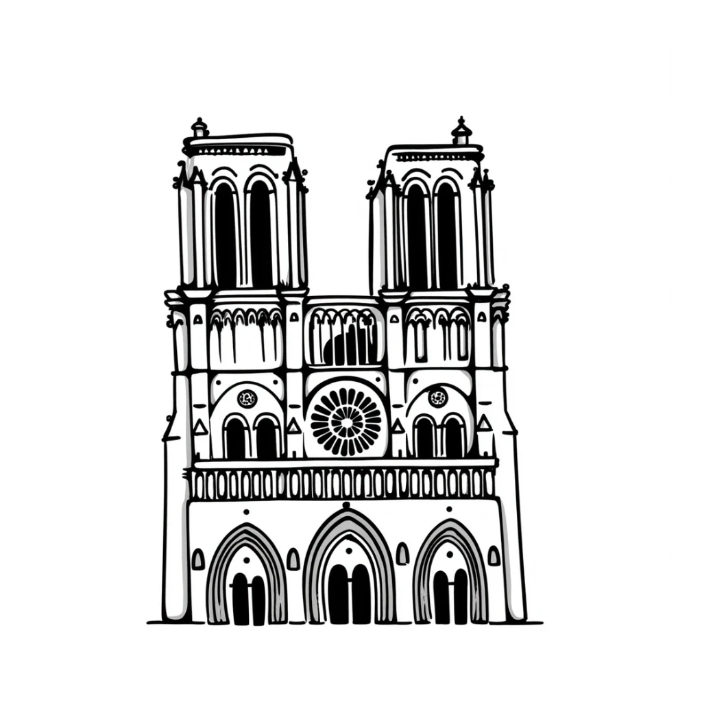 Notre Dame Cathedral in Paris with detailed Gothic architecture, spire, and rose window sticker