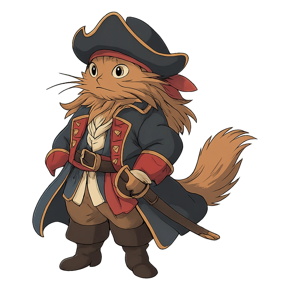 ghibli style cat dressed as pirate captain with flowing fur and detailed costume sticker