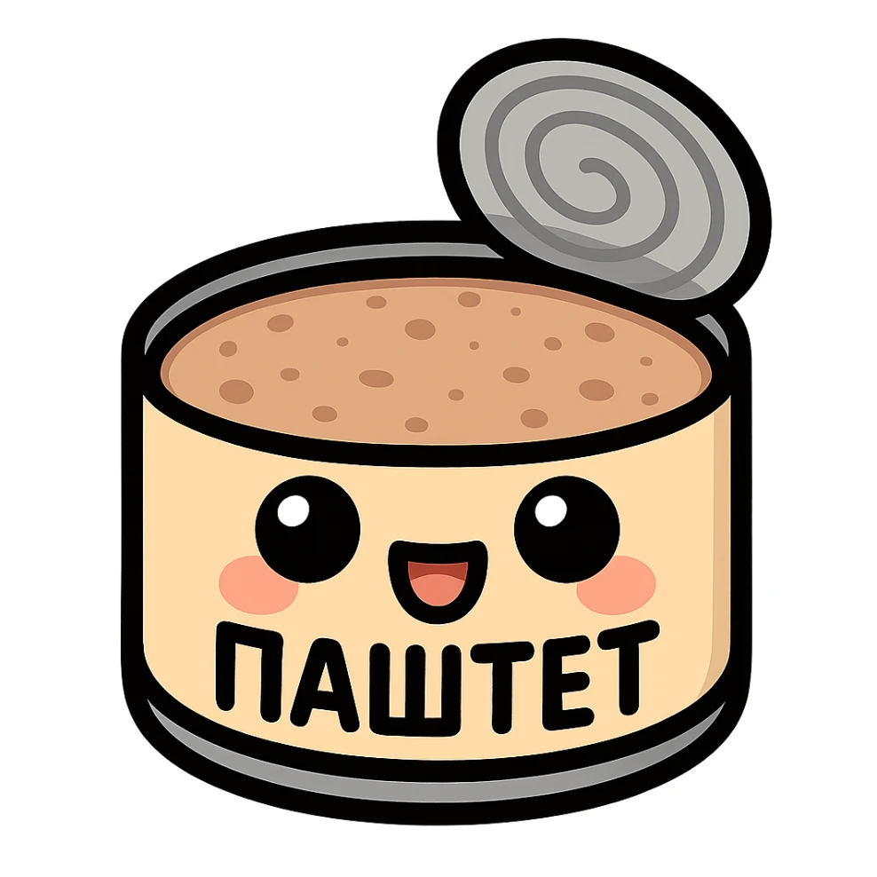 Minimal chibi open pâté can emote, visible pâté inside the can, big cute eyes, cheerful smile, thick black outline, flat colors, strong contrast, simple emoji sticker style, transparent background, Twitch emote optimized, Cyrillic text "ПАСТЕТ" clearly readable sticker
