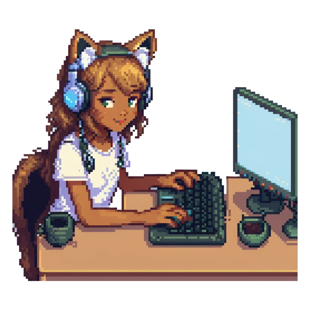 light brown-skinned girl with cat ear headphones, typing on a computer pixel art sticker