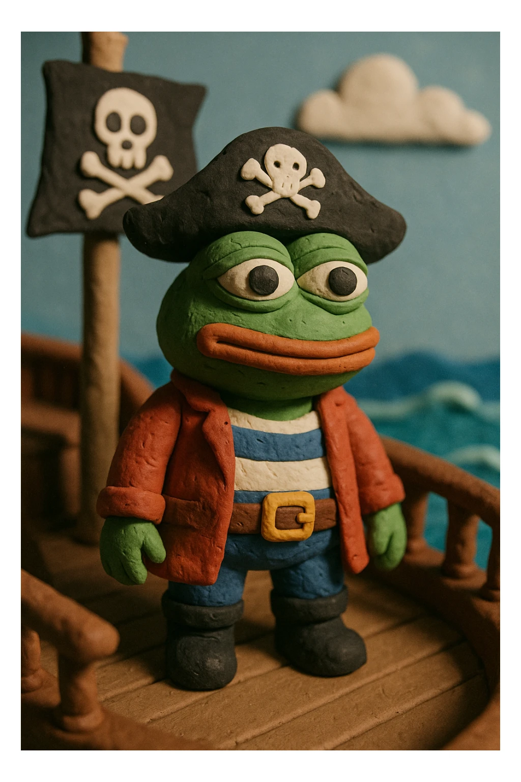 Pepe the Frog in pirate attire, standing on a pirate ship deck, claymation style, ocean scene sticker
