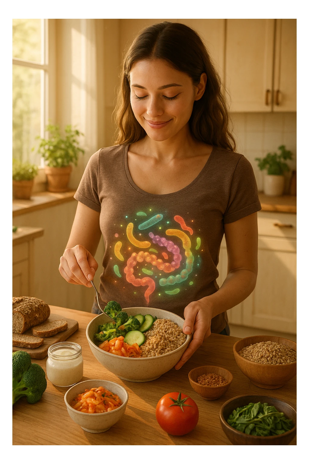 A realistic, warm-toned image of a young woman in a bright, cozy kitchen preparing a healthy meal rich in fiber and probiotics. She smiles softly, focused and calm, as she adds fresh vegetables, fermented foods like yogurt or kimchi, and whole grains to a bowl. Around her abdomen, a subtle, glowing overlay of balanced gut flora—colorful, friendly bacteria and microbes—swirls gently, symbolizing intestinal health and harmony. The setting is natural and inviting, with sunlight streaming through the window, potted herbs on the counter, and clean wooden surfaces. The overall mood conveys wellness, self-care, and the positive journey toward gut balance sticker
