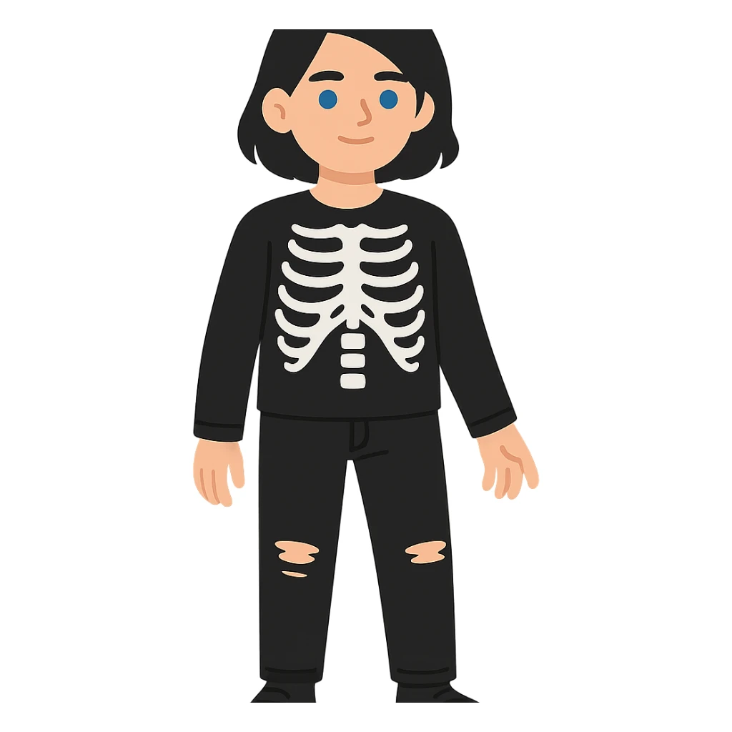 flat toon style black-haired, blue-eyed person wearing a black skeleton top and ripped black jeans sticker