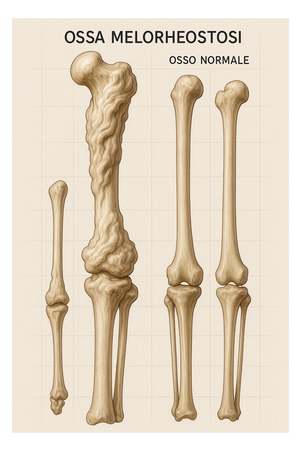 A highly realistic medical illustration focusing on a human arm and leg bones affected by melorheostosis. The bones appear visibly thickened, irregular, and larger than normal, with clear, layered bone growth resembling melted wax dripping down the side of the bones. The image shows a side-by-side comparison with a healthy bone for clarity, highlighting the difference in size and texture. The color palette includes neutral bone colors with subtle shading to show the abnormal contours and ridges. The background is clean and minimalistic, with faint anatomical grid lines for a scientific, educational feel. The overall mood is informative and precise, conveying the key visual characteristic of melorheostosis: progressive bone thickening that makes bones visibly larger and irregular. in italiano sticker