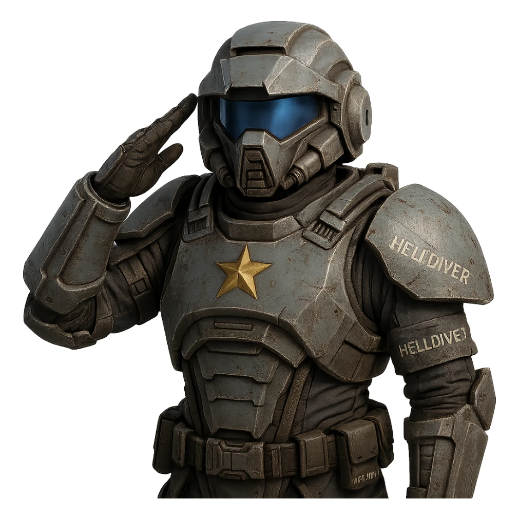 Update the armor to match the authentic Helldiver armor from Helldivers 2, including the correct helmet shape, chest plate, and color scheme, keeping the heroic salute pose, no background. The style should reflect the detailed sci-fi military armor design of Helldivers 2 with accurate colors and shapes. sticker