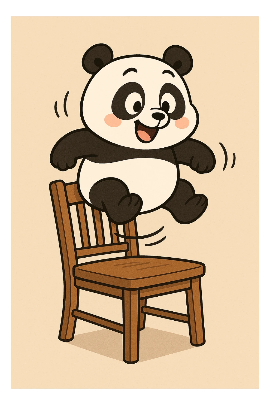 cartoon style panda bouncing on a dining chair to test its strength, simple background, fun and lighthearted sticker