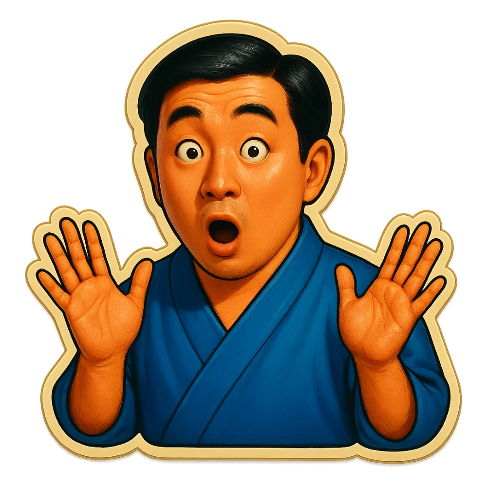 The same Japanese man in traditional kimono looks at the viewer with a surprised look, and his hands are empty sticker