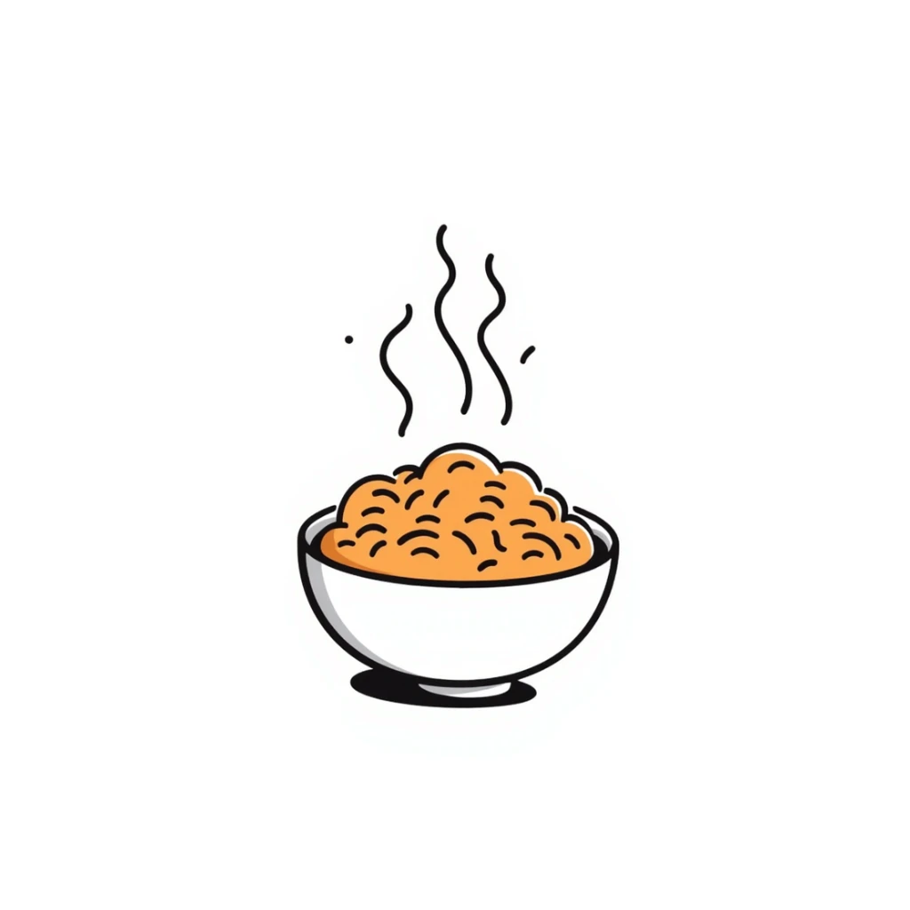 hand-drawn bowl of rice with orange-colored grains, steaming hot sticker