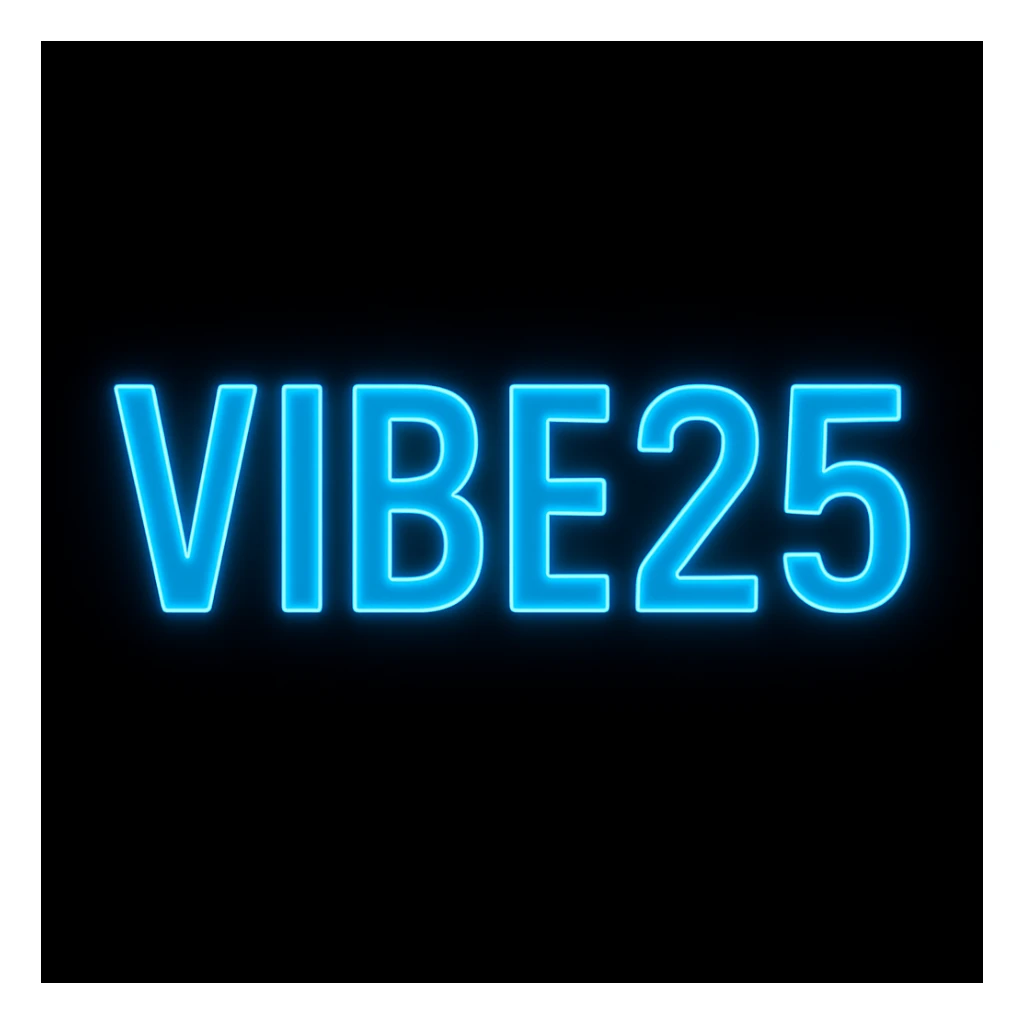 Redesign the VIBE25 logo to be highly legible at small sizes with bolder, simpler lettering and increased spacing. Keep the Tron-inspired neon blue glow and solid black background. Minimize fine details for clarity and readability at small scale, preserving the overall futuristic neon aesthetic. sticker