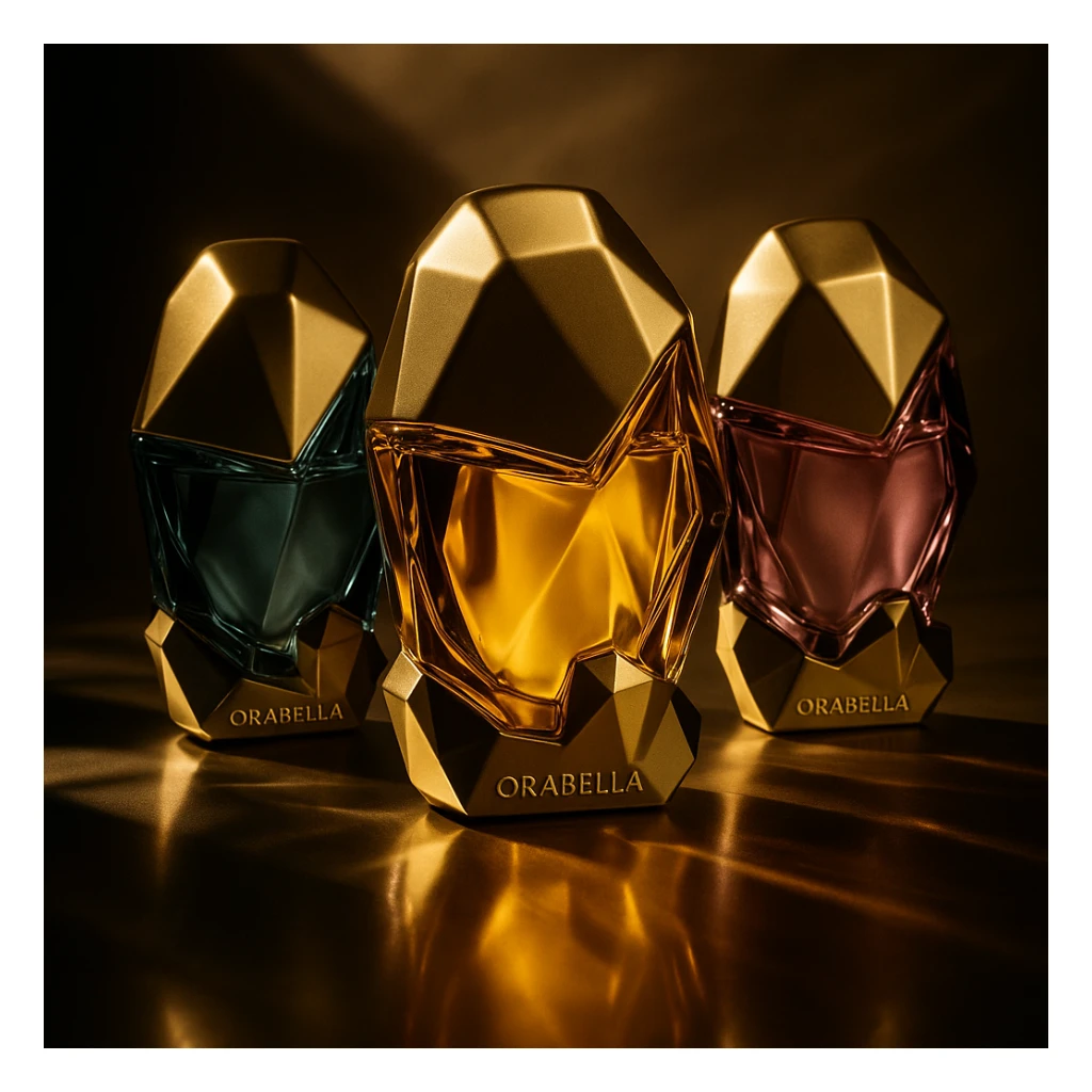 Create a cinematic, realistic 3D rendering of the Orabella fragrance bottle, matching the real design and colors, with dramatic shadows and a high-end commercial look. Emphasize contrast and luxury feel. sticker