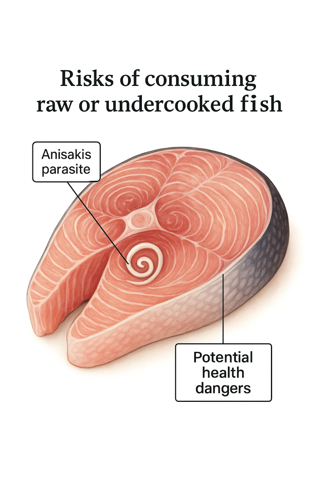 a close-up cross-section of a raw fish fillet, showing a white, coiled Anisakis parasite embedded in the muscle tissue. The parasite is clearly labeled, and the surrounding fish tissue is rendered in detail. The background is clean and white, with educational callouts explaining the risk of consuming raw or undercooked fish. sticker