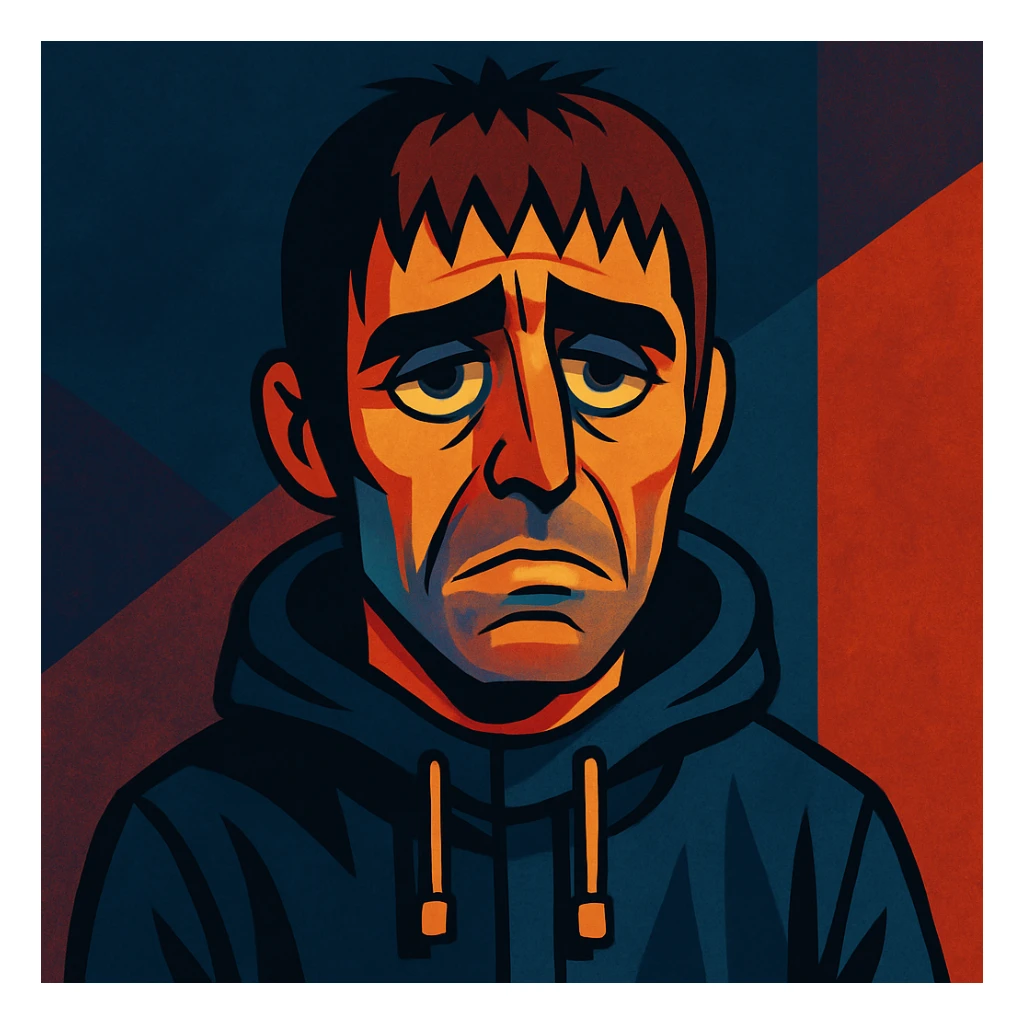 stylized illustration of Liam Gallagher with a sad expression, moody lighting, expressive face sticker