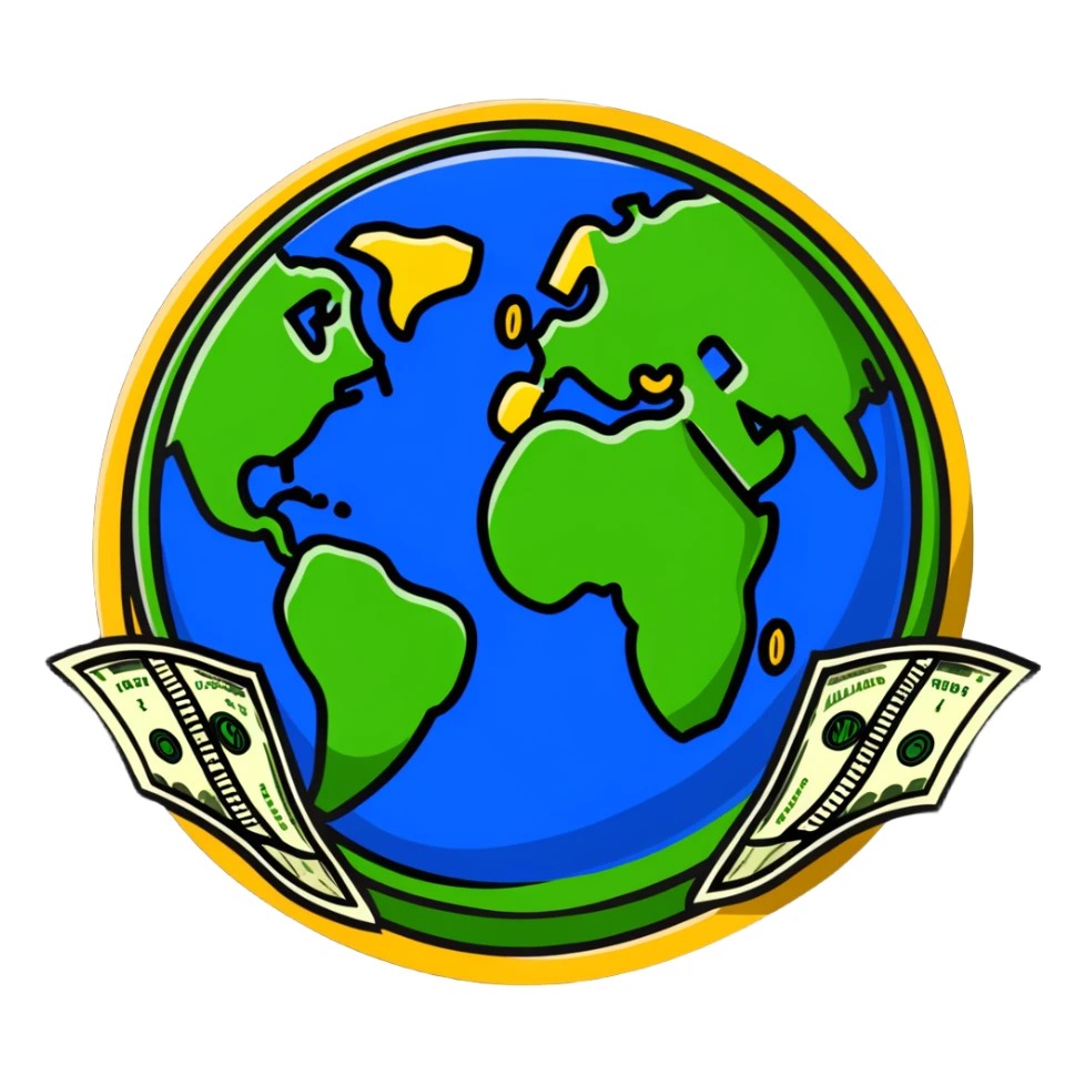 Money world with dollar bills and coins surrounding Earth sticker