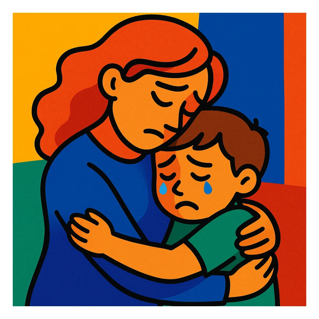 mother hugging sad child, bright colors, emotional sticker