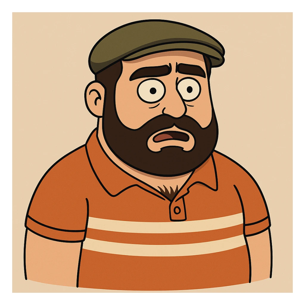 Make the character resemble the man in the reference photo more closely, focusing on facial features, eyebrows, beard and mustache shape, hat, and shirt details. Use a flat toon style like a cartoon. sticker