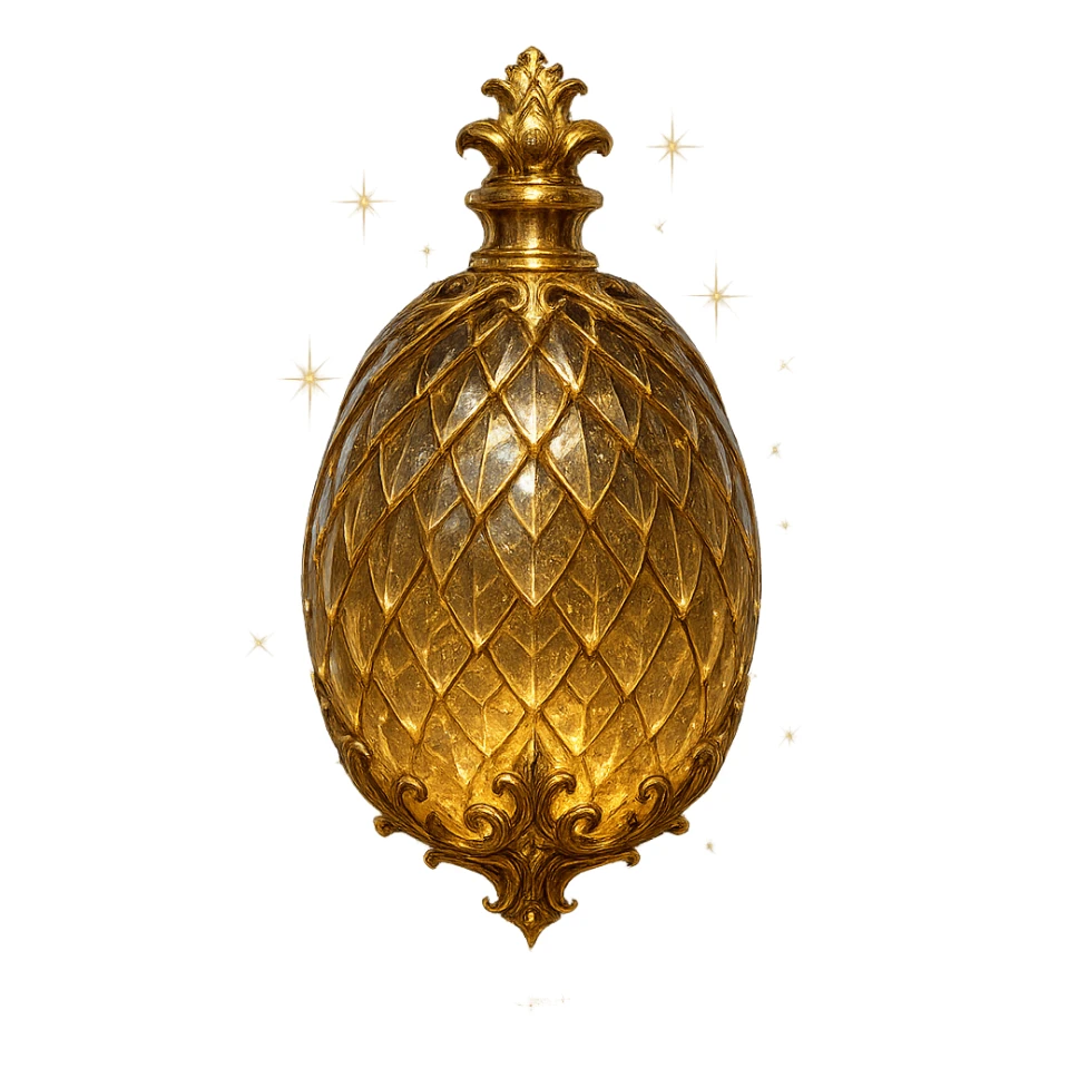 crystal luxurious elixir bottle in an oval shape inspired by a dragon egg, with scale patterns, lots of glowing, edges, ornaments, golden details, magical effects, very small golden neck, transparent background, beautiful merging bottom, clearly floating in the air, no base or shadow, very luxurious, magical, fitting a collection sticker