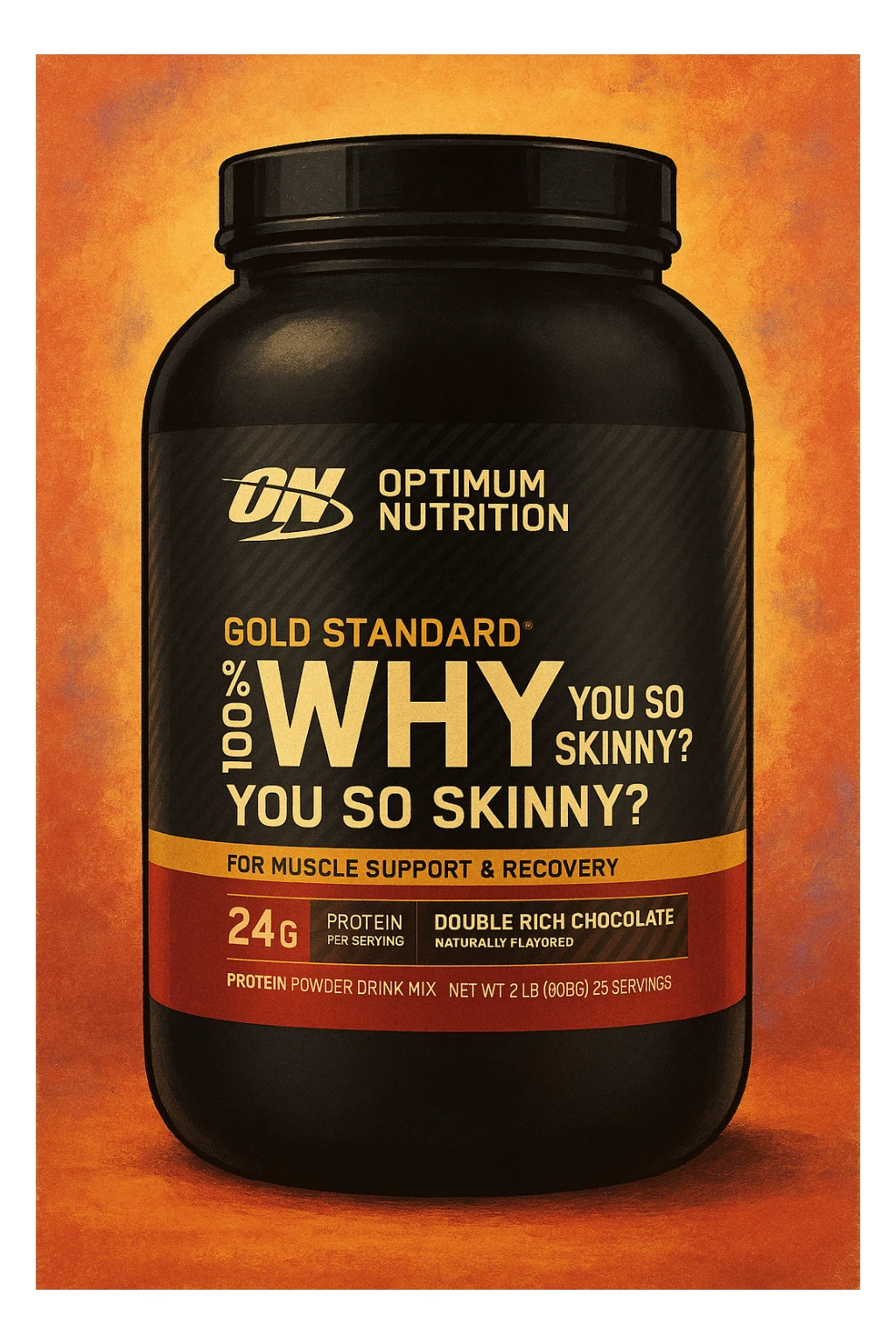 Style this image of protein jar in the GPT style. Change the inscription “WHEY” to ‘Why’ and add “you so skinny?” in a smaller font. sticker