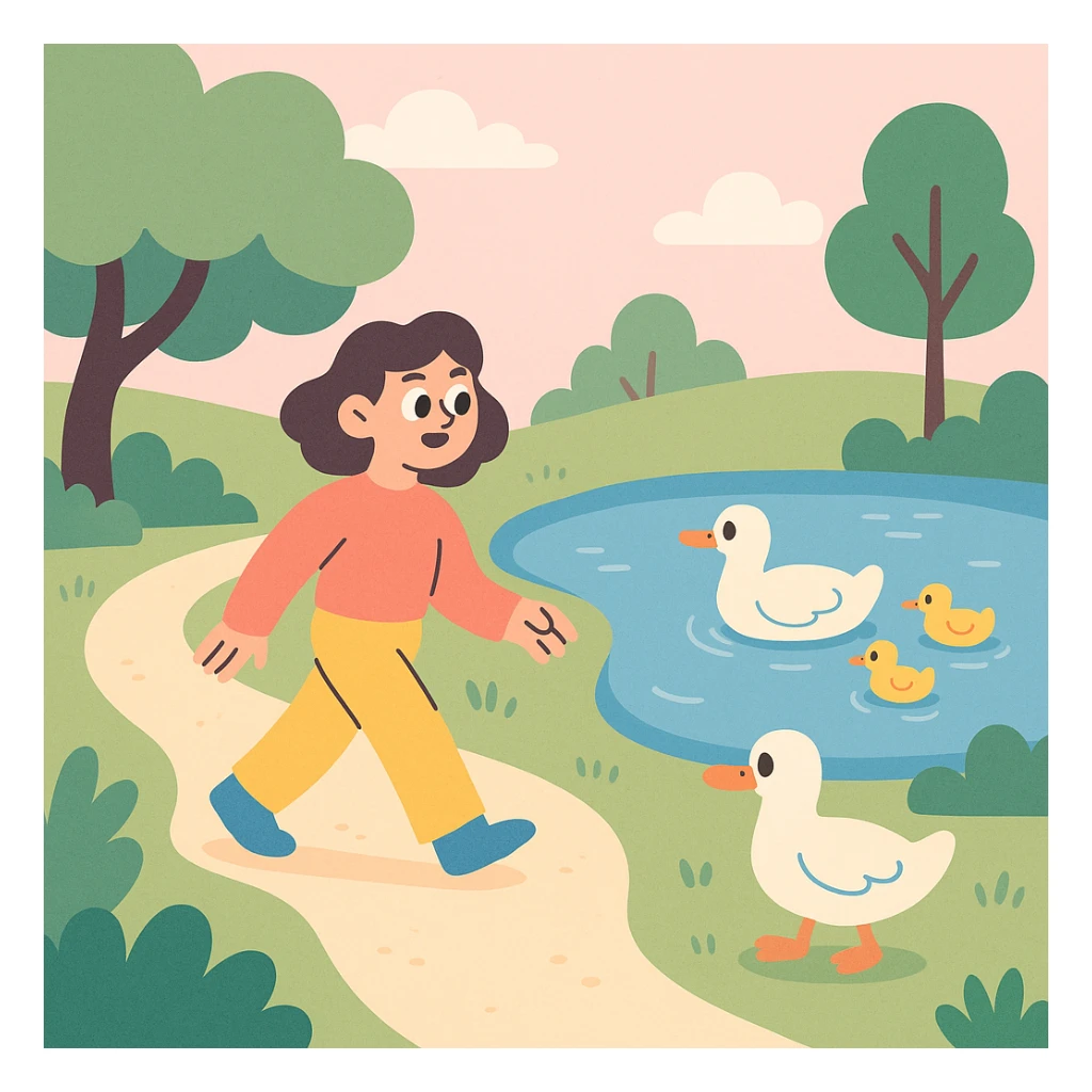park scene with pond and ducks, walking path, soft pastel tones, illustration style sticker