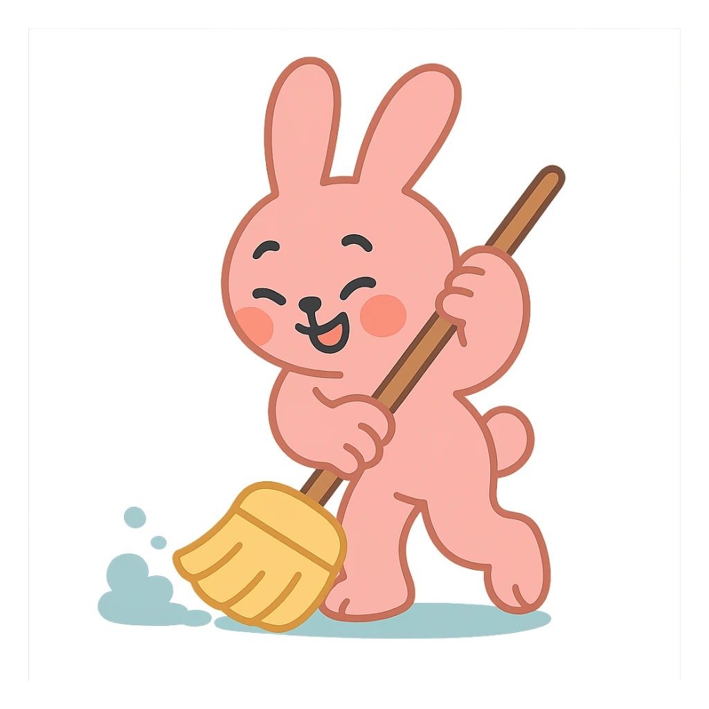 rosy bunny sweeping floor with broom, pastel-toon style sticker