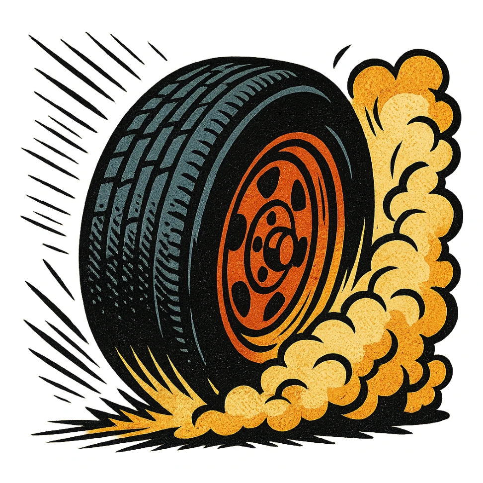 tire spinning fast with smoke, energetic, comic book style sticker