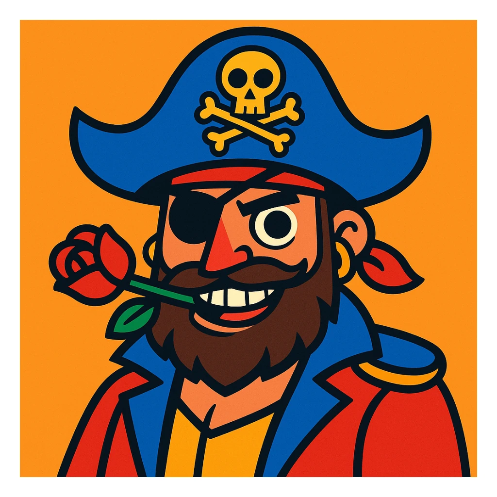 bold and colorful pirate character with left eye patch and rose between teeth sticker