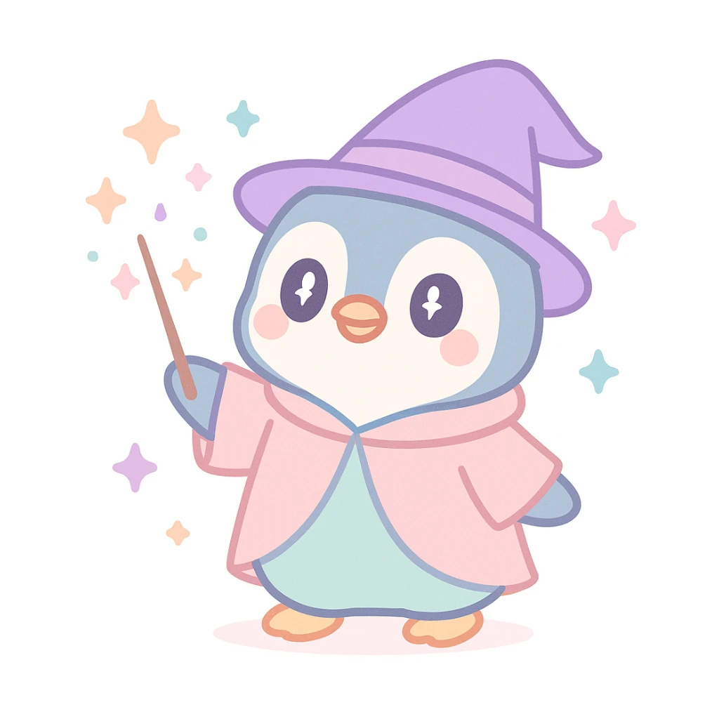 cartoon penguin wizard casting a spell, wearing robe, holding wand, magical sparkles around, playful and colorful sticker
