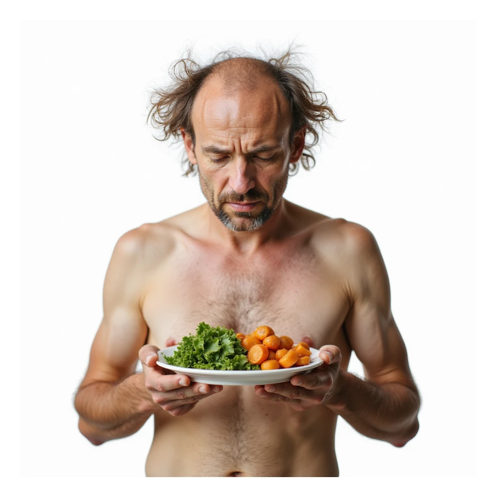 realistic man, fragile hair and dry skin, downcast expression, plate with only vegetables, caption in Italian: “Dieta senza grassi salutari: compromissione estetica”, isolated on white background sticker