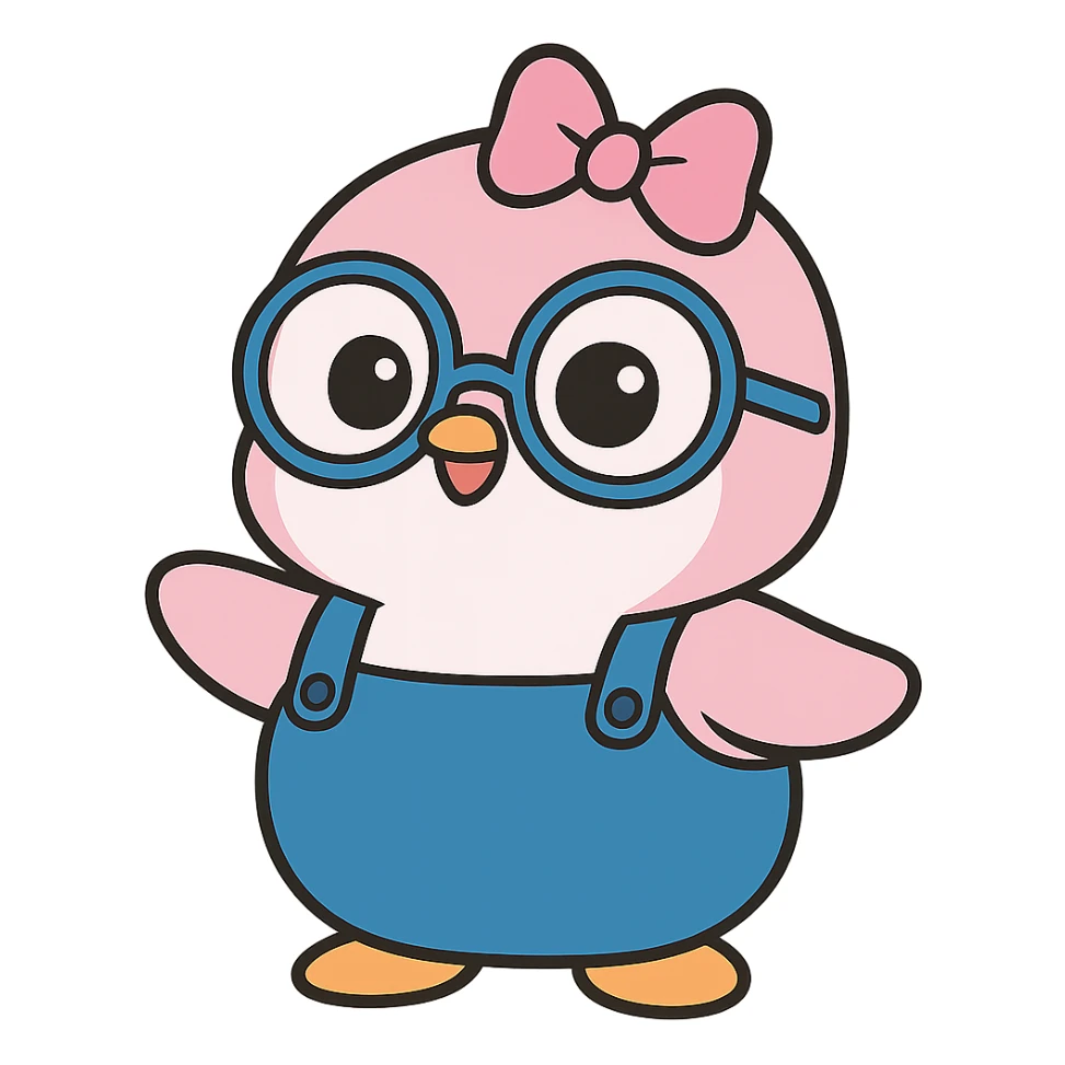 Create a pink genius girl penguin inspired by the reference image. The penguin should be round and pink, wearing big blue glasses and blue overalls, with a pink bow on her head. She should have a cute and clever expression in a cartoon style. The background should be transparent. sticker