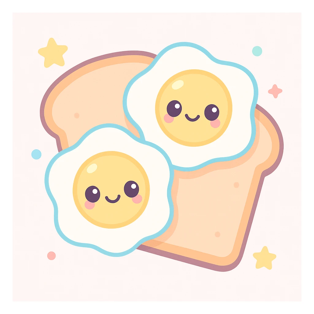 sunny side up eggs on toast, cute kawaii style, cheerful expression sticker