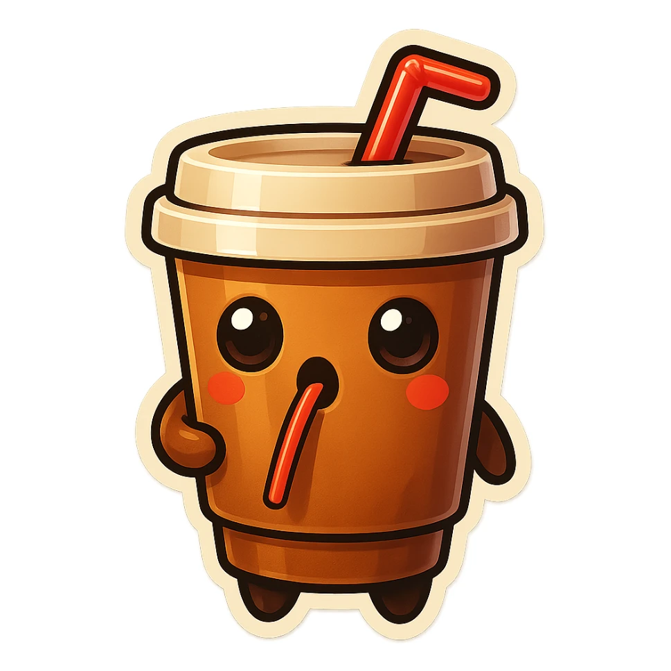Tall coffee cup, intrigued, drinking coffee with straw, watching sticker