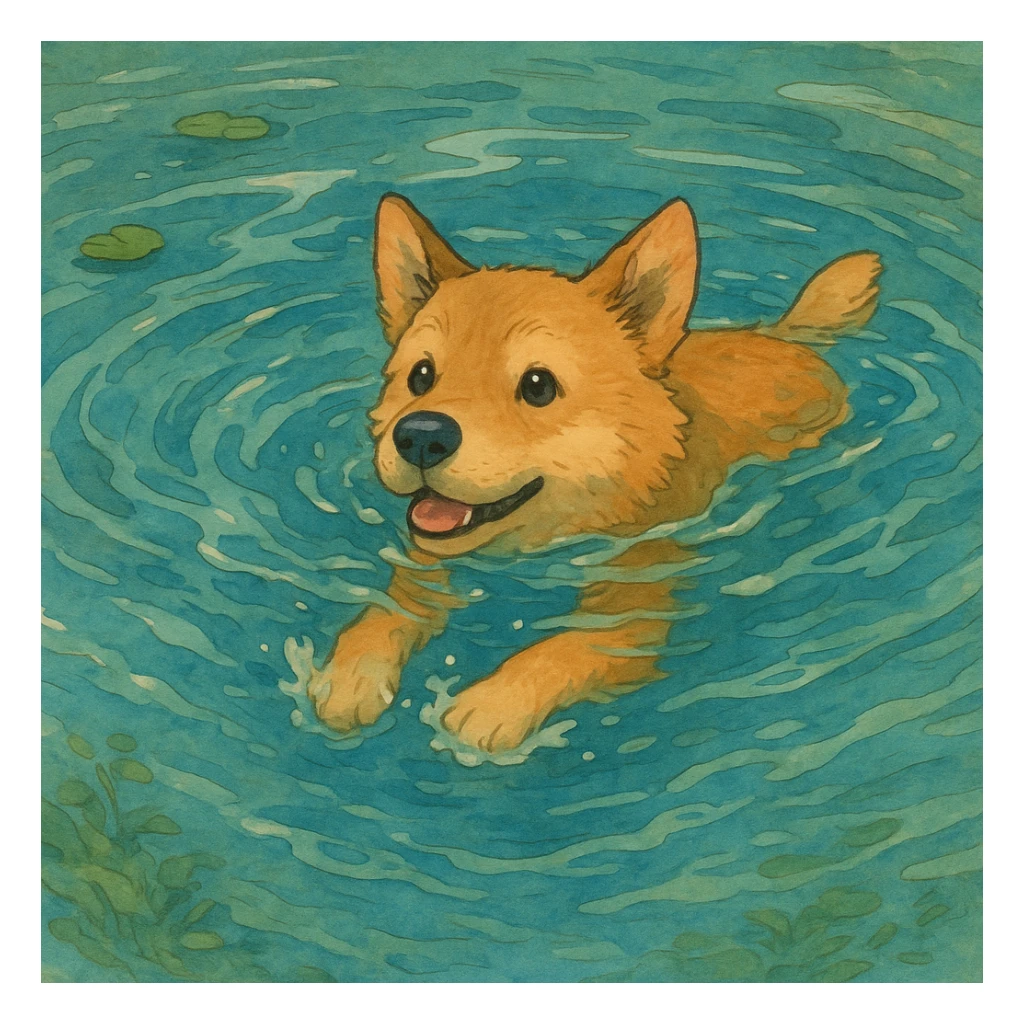 dog swimming in water, ghibli style, detailed, whimsical sticker