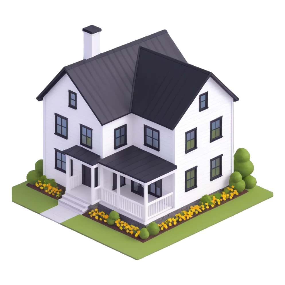 modern farmhouse with white siding, black roof and black trim, isometric sticker