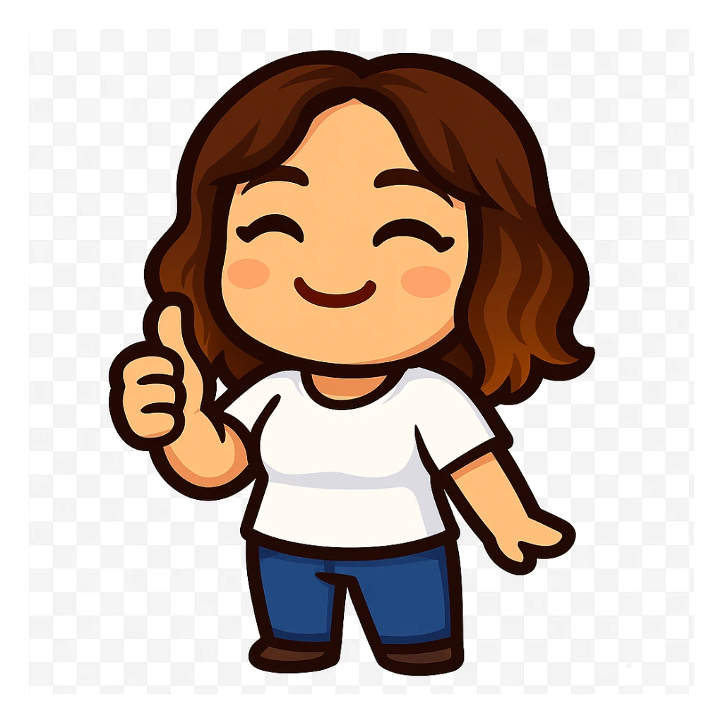 Sticker style chibi emote, matching the attached green heart emote as a base. Woman from reference, white t-shirt and blue jeans, giving thumbs up, cute happy face, no headband, no wand, transparent background. Top color should not match jeans. sticker