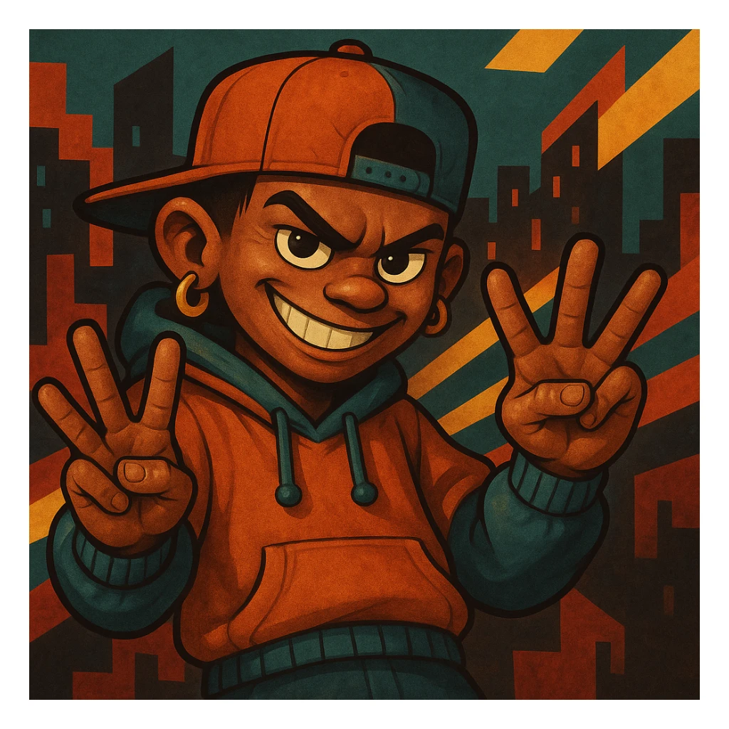 Make this mischievous character more realistic, keep the smirk and YVL hand sign on both hands, hip-hop style, energetic vibe, lifelike details. Focus on realistic textures and expressive features. sticker