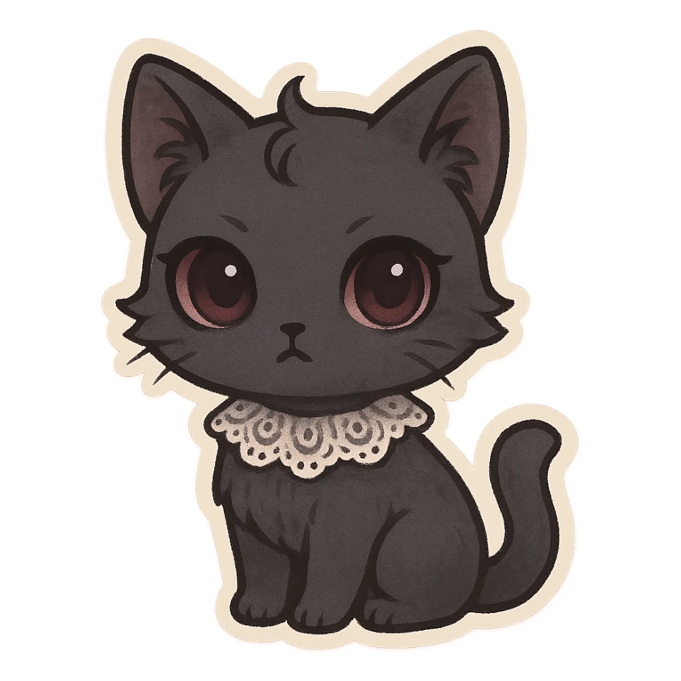 gothic cat, chibi style, black fur, lace collar, big eyes, cute but mysterious, pastel palette sticker