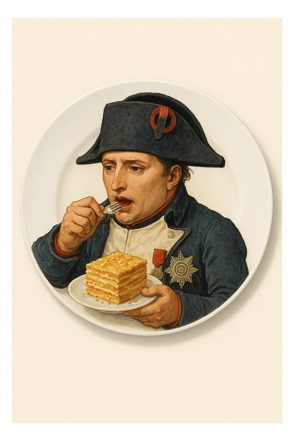 Сгенерируй мне такую тарелку, на которой лежит наполеон бонапарт, и кладет себе в рот кусочек торта наполеон. Вид сверху sticker