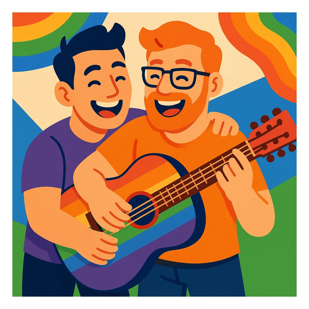 rainbow guitar being played by a joyful gay couple sticker