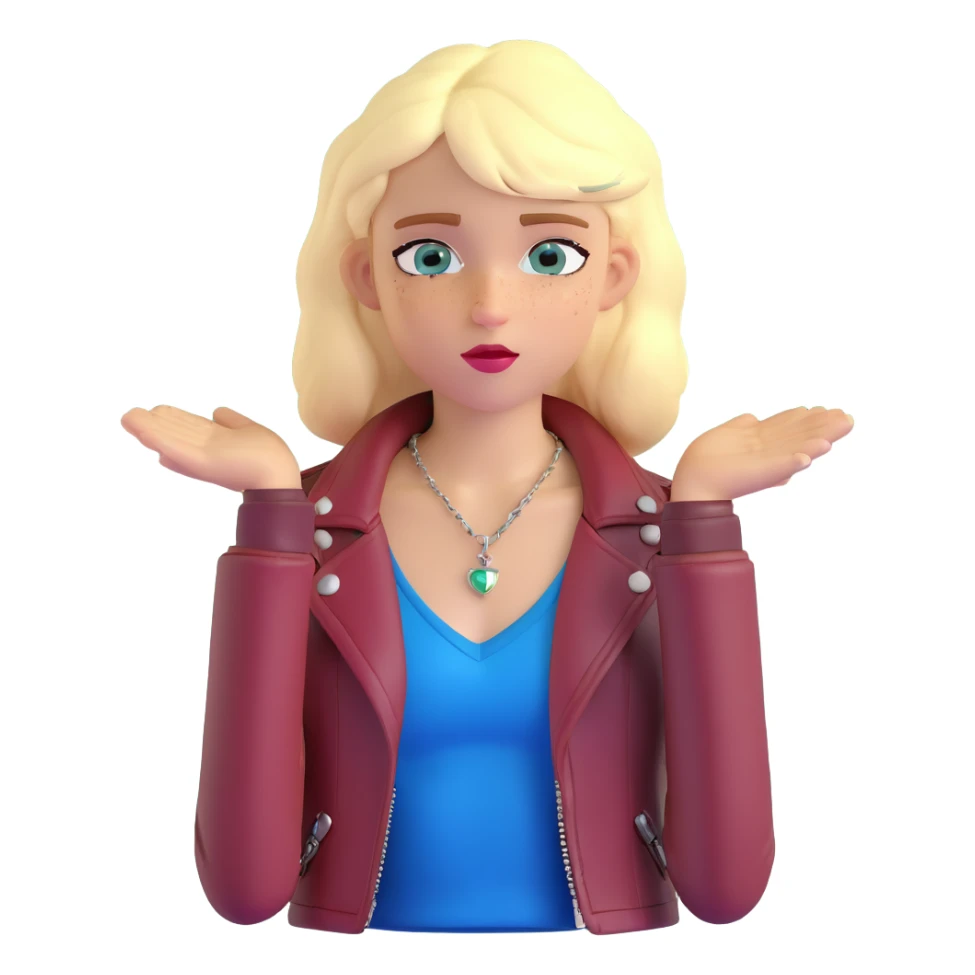 14-year-old girl with choppy blonde layers, armpit length, shortest at mouth, middle part, light freckles, blue eyes, defined cupid's brow, fitted dark red top, brown leather jacket, necklaces sticker
