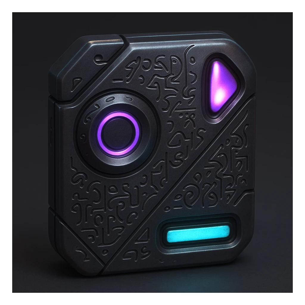 A S'pht Pfhor dialect radio transmission compiler: a compact, alien communication device with S'pht glyphs, pulsing lights, and a blend of smooth curves and sharp angles. The design evokes Marathon's alien tech, with a metallic finish and hints of purple and teal. sticker