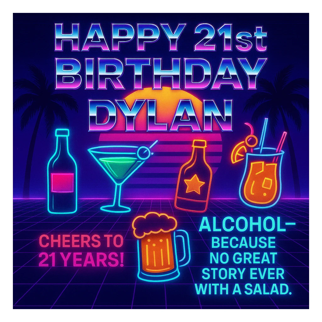 Completely change the style to vaporwave: neon colors, retro 80s grid, palm trees, synthwave sunset, chrome text, and keep the funny drink quote. Make it look digital and bold. sticker