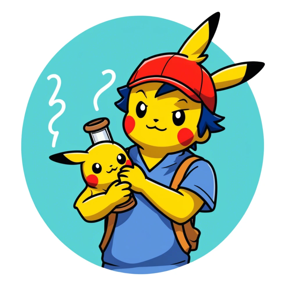 21 yo Handsome Ash Ketchum using a bong with picachu on his head sticker